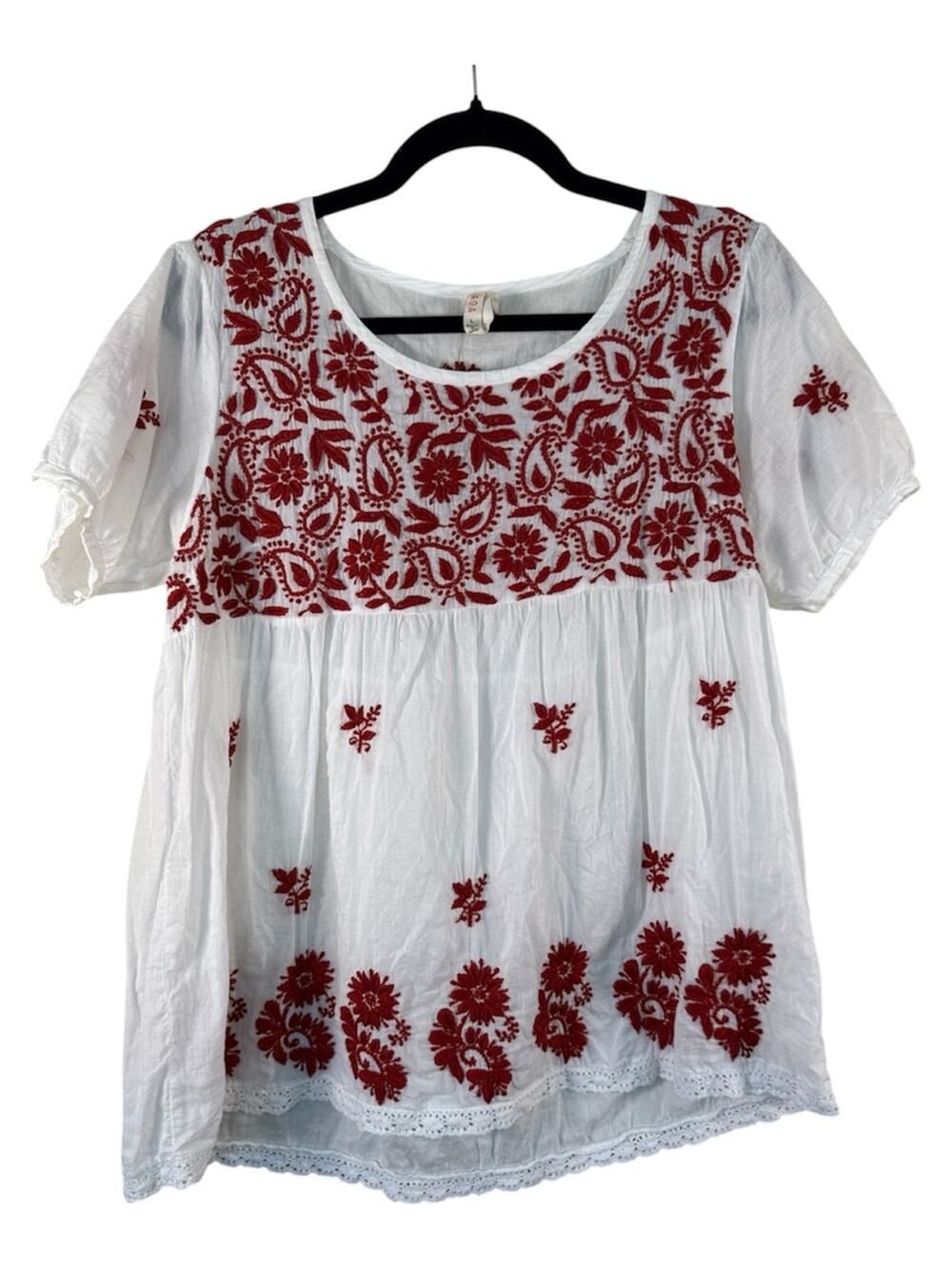 Raga White Red Embroidered Floral Babydoll Blouse Womens L Boho Cotton Top
